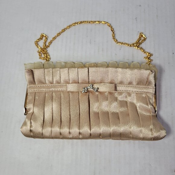 Vintage Gold Satin Pleated Evening Bag With Rhinestone Bow & Gold Chain Handle - Picture 1 of 9